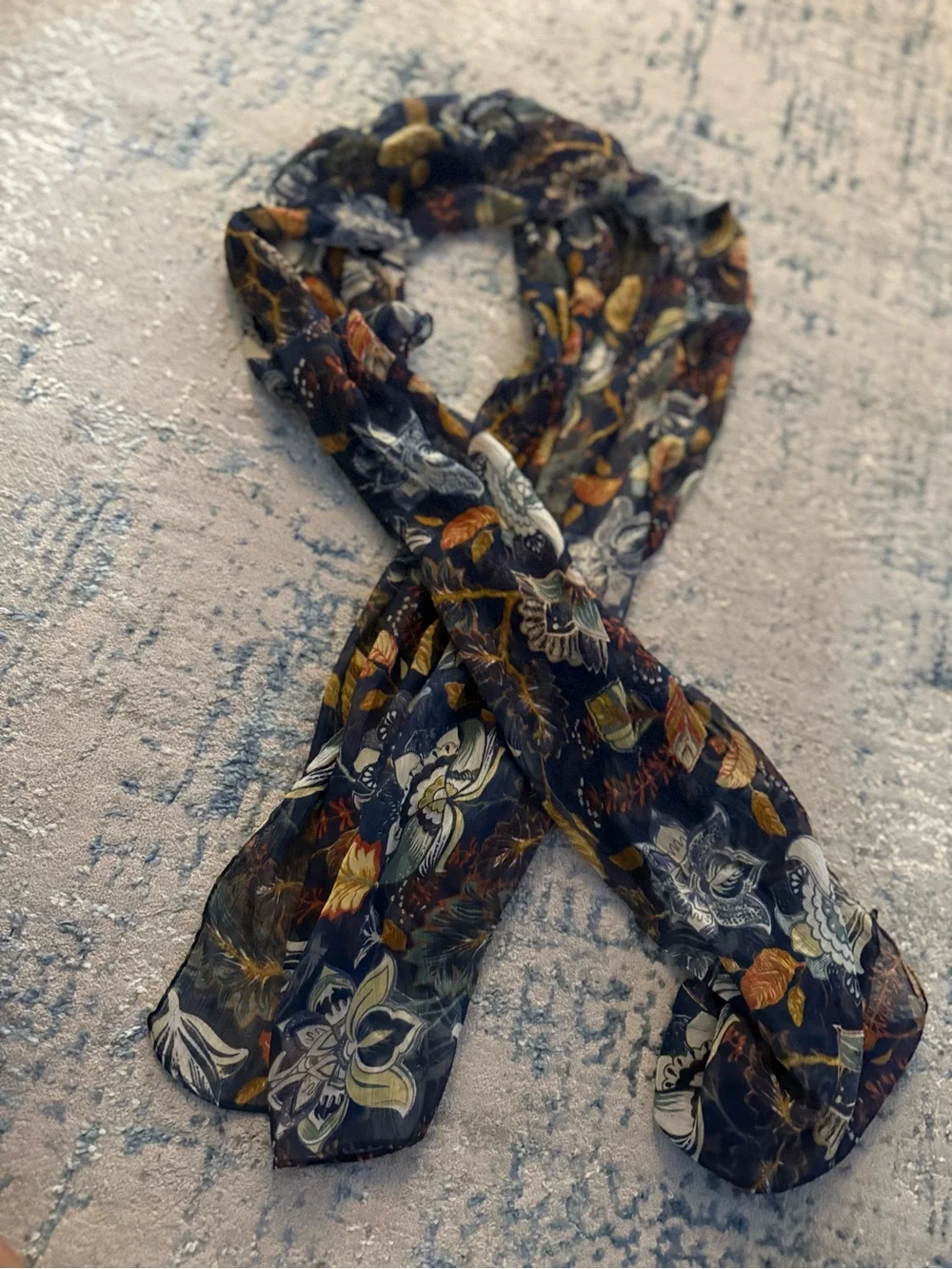 Christopher & Banks Navy Floral Chiffon Scarf - Mustard & White Accents